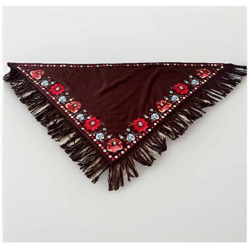 Vintage Embroidered Piano Shawl Cashmere Blend Floral Brown Boho Gypsy‎ Wrap - Picture 2 of 10